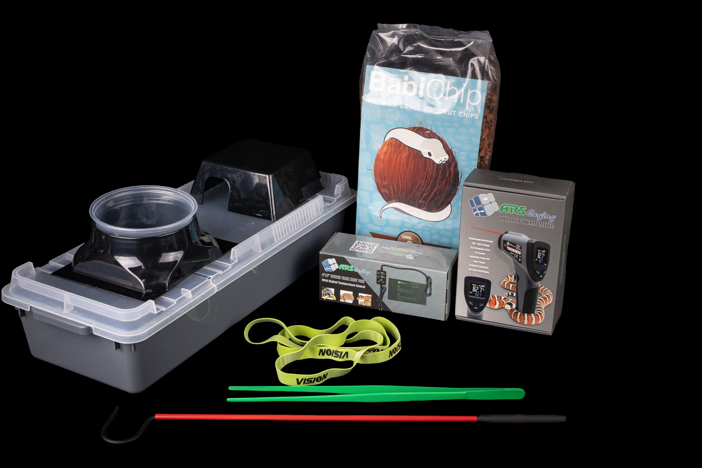 Complete Introduction Kit components, including the hatchling tub, hide, water bowl, substrate, thermostat, infrared temperature gun, feeding tongs, and snake hook